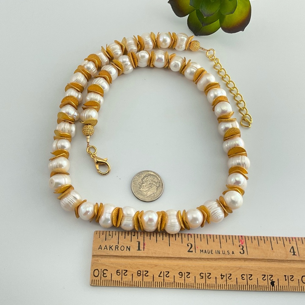 Chunky, White Baroque Pearl & Sparkle Gold Necklace, Fresh Water Pearls, Baroque - Picture 4 of 12